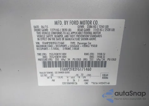 2015 Ford Taurus Limited из США, поврежденный, VIN 1FAHP2F82FG171460